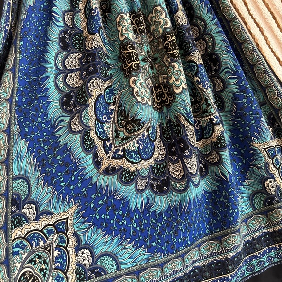 Y2K Teal Blue Paisley Boho Smocked Stretchy Flowy Festival Summer Indie Dress OS - Picture 3 of 5